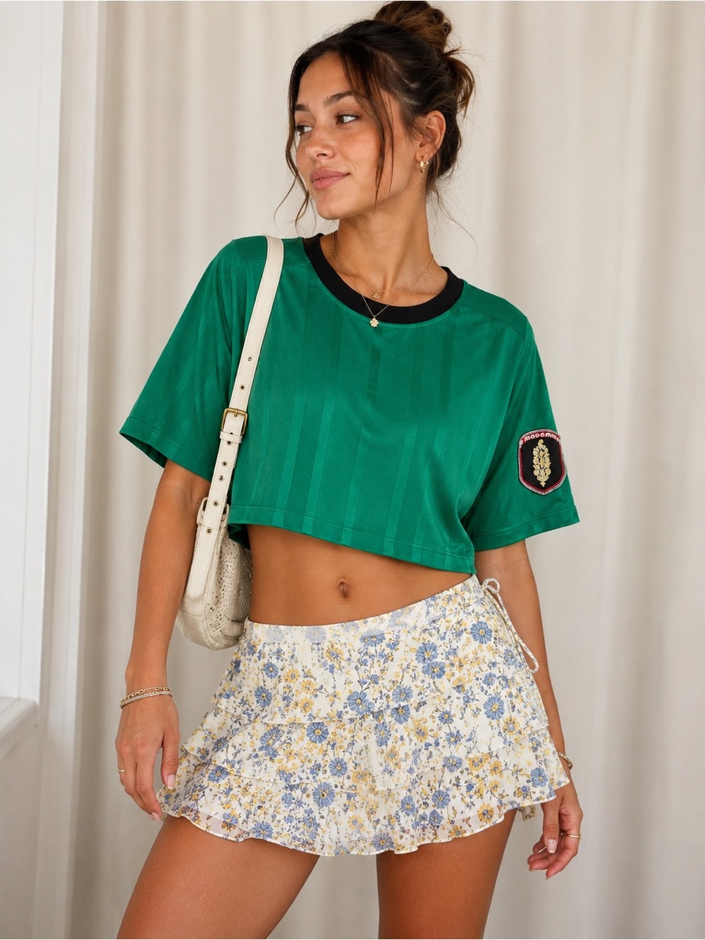 FP Movement by Free People Green Glow Cropped Boxy Top with Black Collar